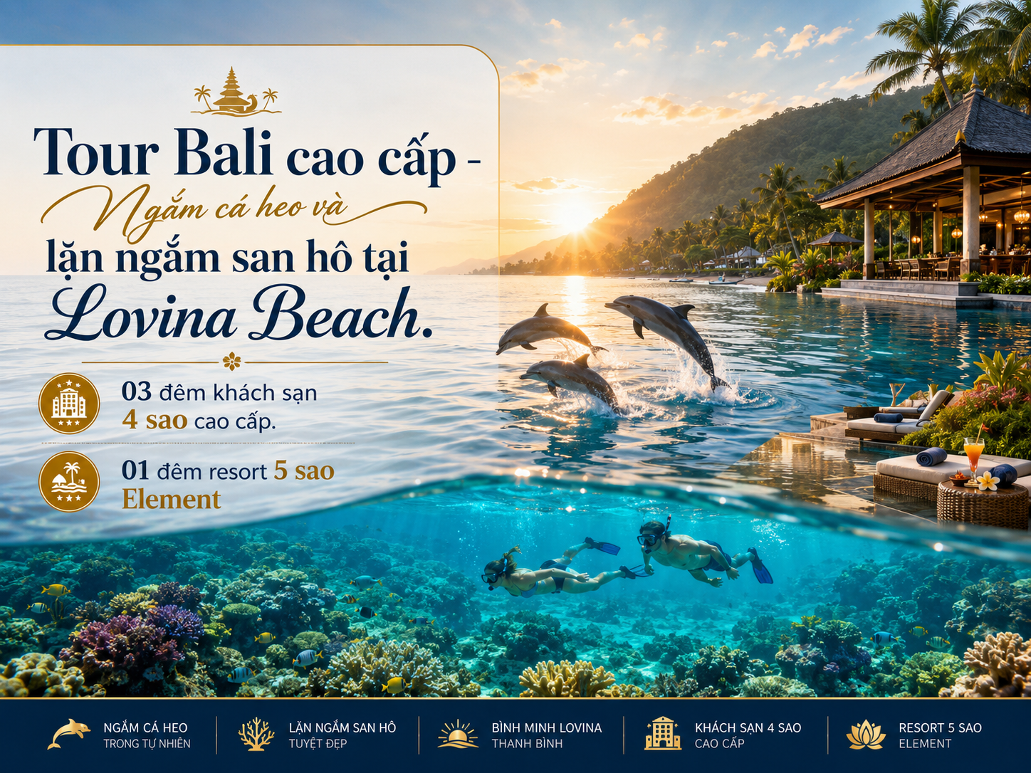 Khám phá hành trình tour du lịch Bali 5 ngày 4 đêm cao cấp cùng Hanoitourist. Trải nghiệm ngắm cá heo Bali tự do lúc bình minh tại Lovina Beach hoang sơ và nghỉ dưỡng resort 5 sao Marriott.